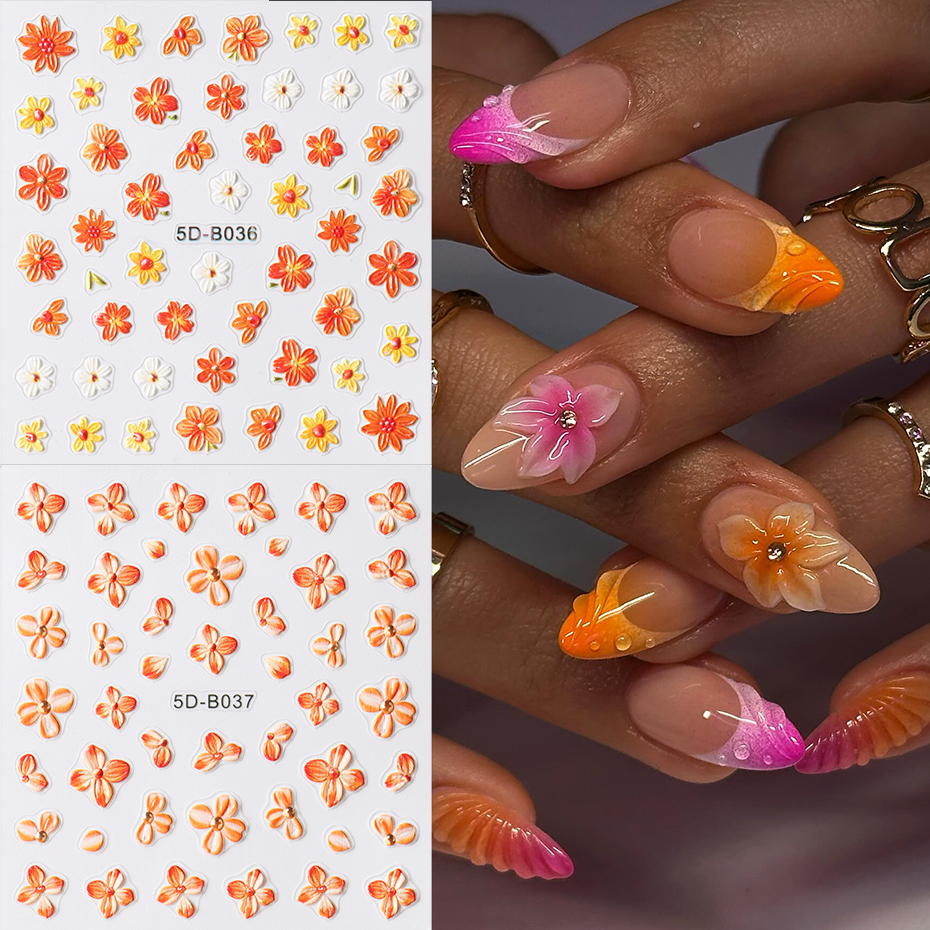 Nail Art Full Design - 2pcs Orange Flower Nail Sticker Decals